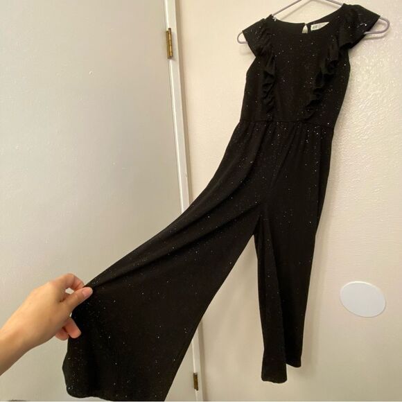 H&M black sparkly stretch cotton wide leg ruffle jumpsuit romper 8-10 - Picture 6 of 10